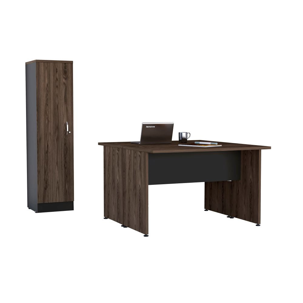 Mesa Escritorio Doble + Biblioteca 1P Home Office Color Negro Soft y Coñac Para Oficina